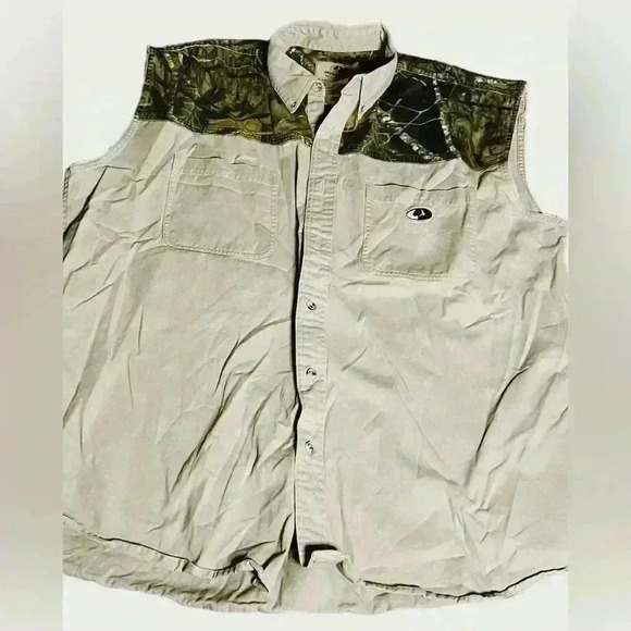 Vintage Mossy Oak Men’s Sleeveless Camouflage Button Up Shoulder Vest Top 2XL - Picture 1 of 6
